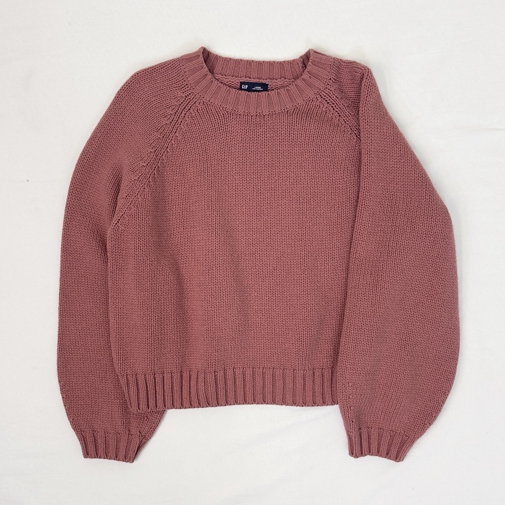 GAP Rose Pink Chunky Knit Pullover Sweater Crew Balloon Sleeve Cotton Size L